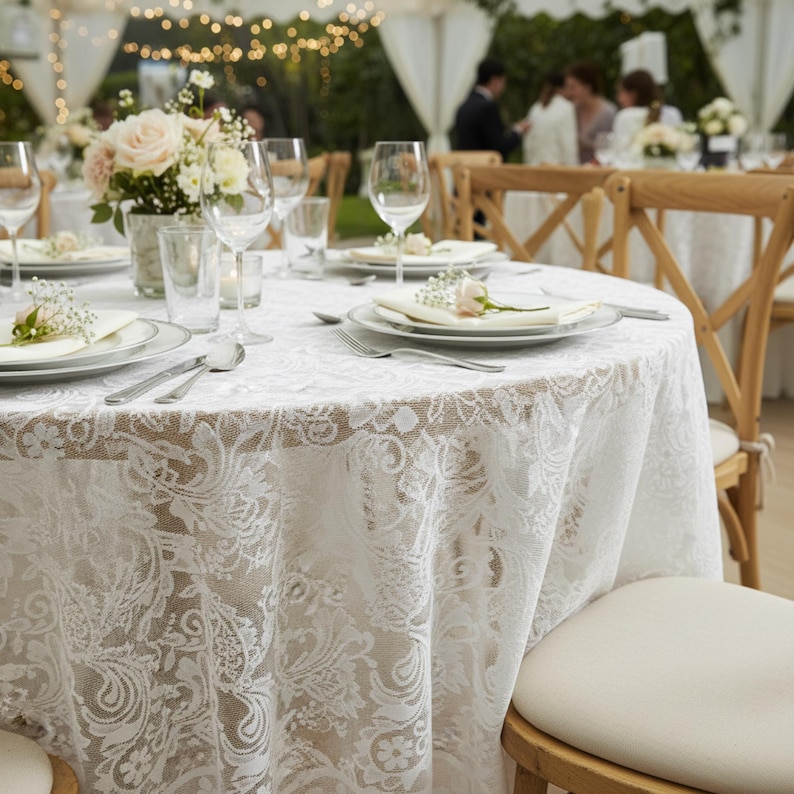 Puede incluir: Una mesa redonda preparada para una recepci&oacute;n de boda, cubierta con un mantel de encaje blanco. La mesa est&aacute; puesta con platos, cubiertos y copas de vino. Un centro de mesa floral y peque&ntilde;os acentos florales se suman a la elegante decoraci&oacute;n.