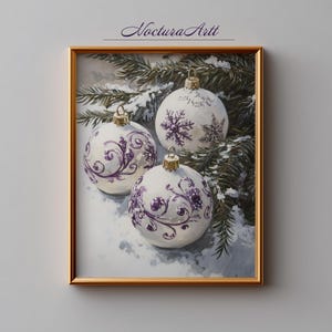 Christmas Baubles Art Print, White Purple Ornaments, Winter Decor Christmas Gift, Digital Download