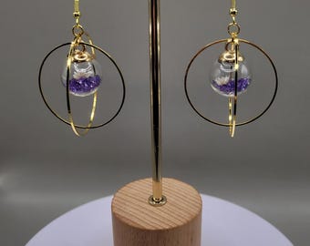 Celestial Orb Earrings | Purple Crystal & Dried Flower Glass Globe Earrings | Gold/silver Hoop Drop Earrings | Handmade Statement Jewelry