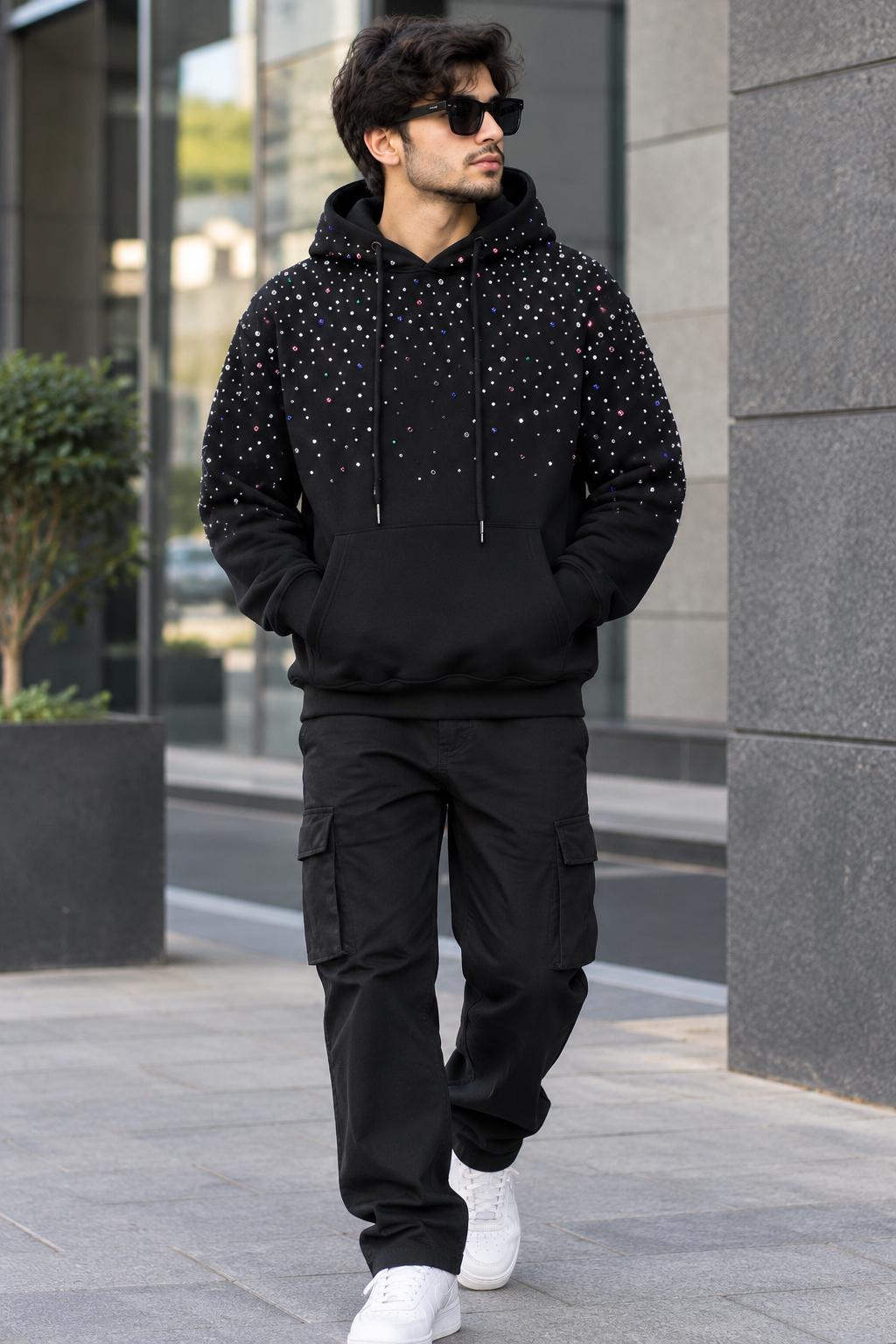 Black Rhinestone Hoodie – Unisex Crystal Studded Pullover