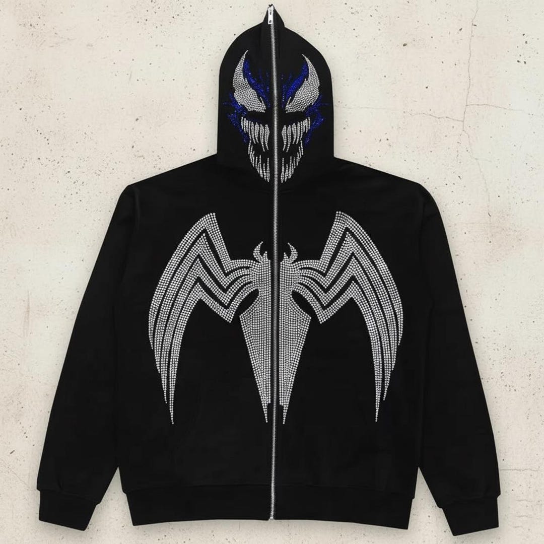 Venom Inspired Rhinestone Hoodie | Full Zip up Spider Graphic