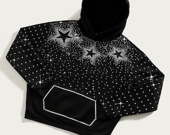 Hoodie met zwarte strassteenster: uniseks trui met kristallen bling