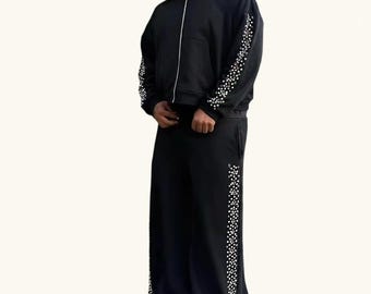 Zwart trainingspak met strassteentjes voor heren – luxe hoodie en joggingbroek met wijde pijpen
