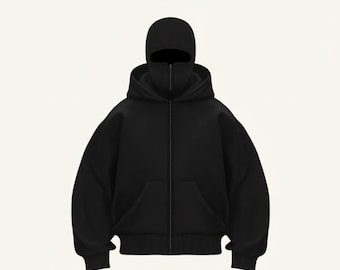 Black Full Zip Face Cover Hoodie | Oversized Streetwear Hooded Jacket | Apex International