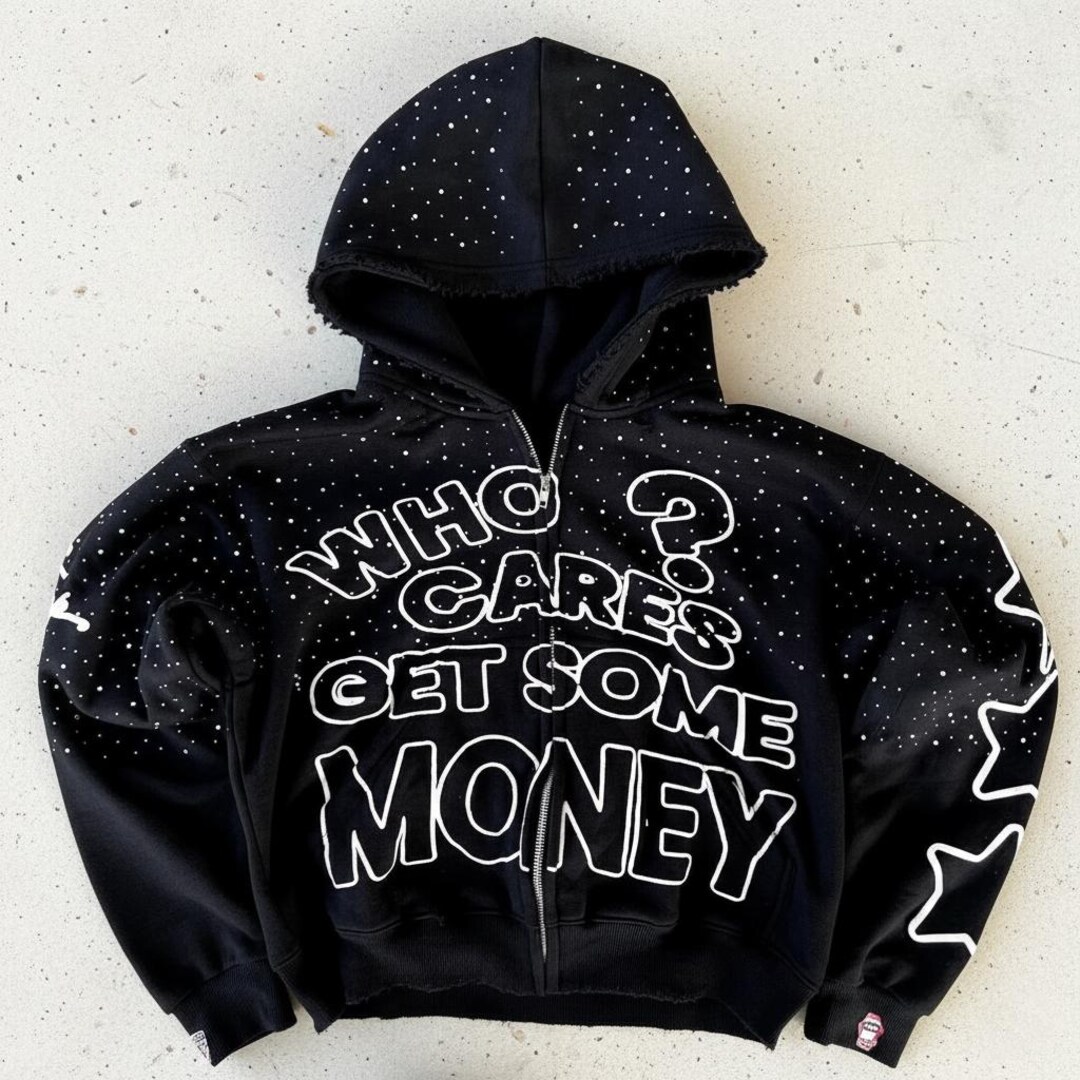 Black Rhinestone Zip-up Hoodie | 