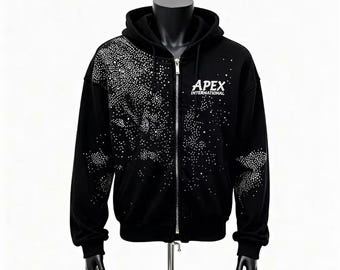 ブラックラインストーン ジップアップパーカー - ユニセックス