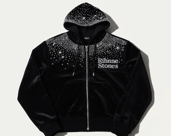 ブラックラインストーン ジップアップパーカー - ユニセックス