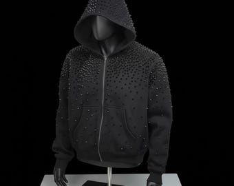 Zwarte hoodie met strassteentjes | Luxe streetwear met ritssluiting | Jack in gotische punkrockstijl