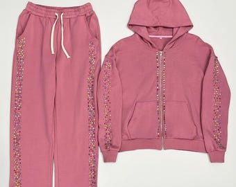 Pink Rhinestone Tracksuit | Women's Zip-Up Hoodie & Jogger Set
