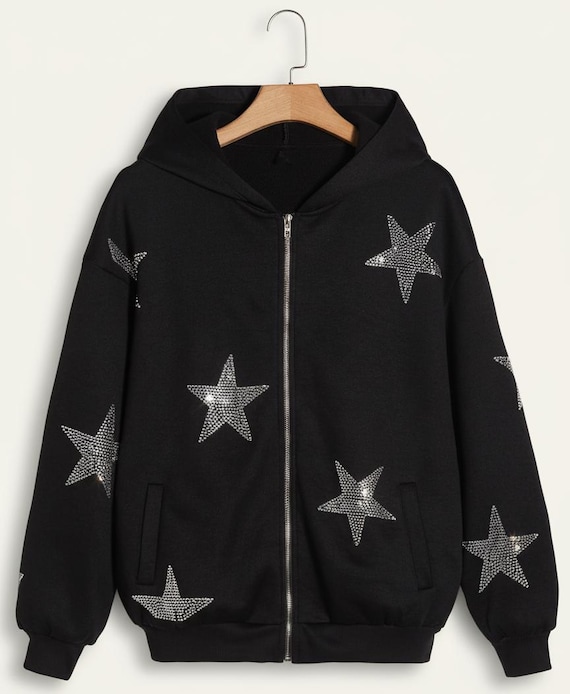 Black Rhinestone Star Zip-up Hoodie | Sparkly Star Sweatshirt - Etsy