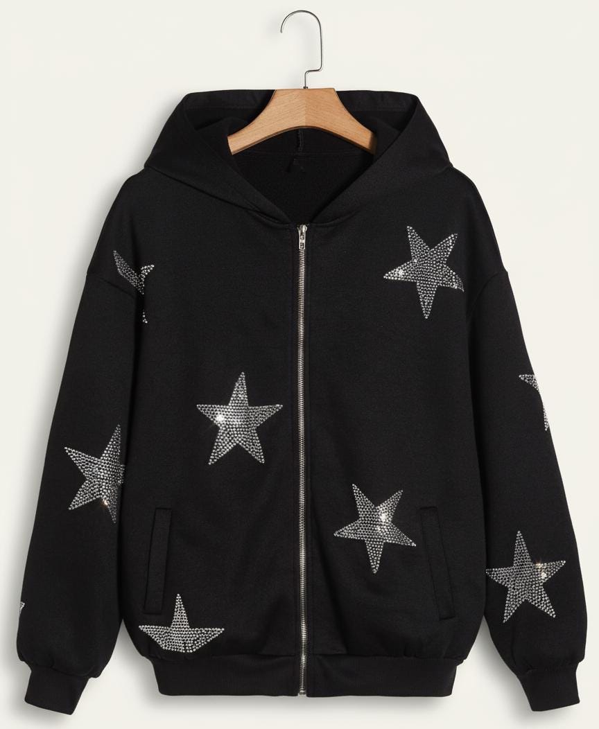 Black Rhinestone Star Zip-up Hoodie | Sparkly Star Sweatshirt - Etsy