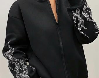 ブラックラインストーン ジップアップパーカー - ユニセックス