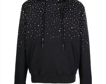 Black Rhinestone Hoodie – Unisex Crystal Studded Pullover Sweatshirt – Sparkly Streetwear by Apex International