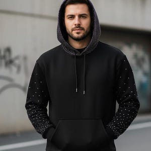 ブラックラインストーン ジップアップパーカー - ユニセックス