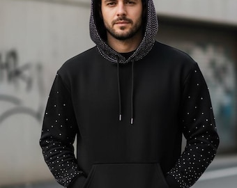 ブラックラインストーン ジップアップパーカー - ユニセックス ブラックラインストーン ジップアップパーカー - ユニセックス