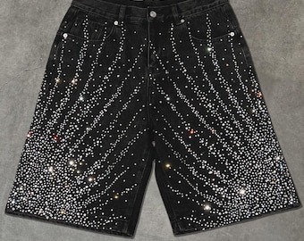 Pantalones cortos vaqueros negros para hombre con pedrería, pantalones cortos brillantes con cristales, pantalones cortos vaqueros estilo streetwear, pantalones cortos vaqueros de moda hip hop, pantalones cortos de verano de lujo