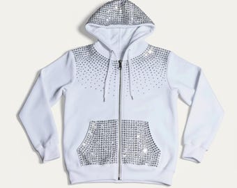 Witte hoodie met rits en strassteentjes - blingbling met kristallen