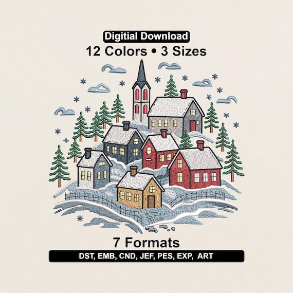 Christmas Village Embroidery Design: Festive Winter Holiday Pattern (Digital Download)