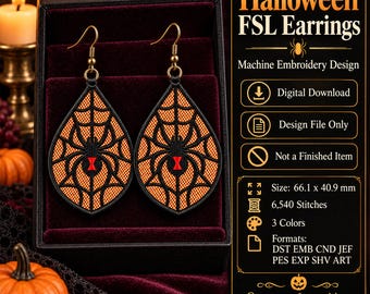 FSL Halloween Spider Teardrop Earring Free Standing Lace Digital Embroidery File