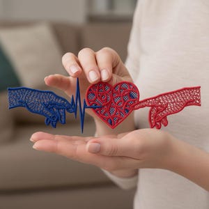May include: A red and blue heart-shaped lace applique with a blue heartbeat line and two lace hands. The heart has a red outline and a blue interior. One hand is blue, and the other is red.