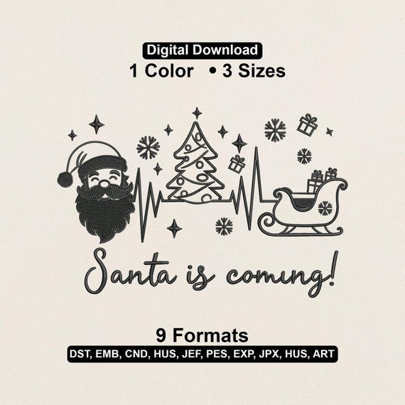 Santa Sleigh and Tree Embroidery Design: Christmas Outline Machine Pattern (PES DST EXP)