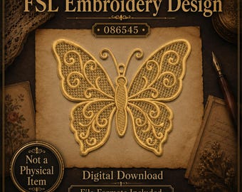 FSL Butterfly Machine Embroidery Design Freestanding Lace Ornate Gold Insect File PES DST