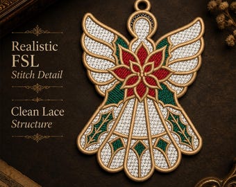 Poinsettia Angel FSL Freestanding Lace Embroidery Design Christmas Ornament Instant Download Digital Machine Pattern