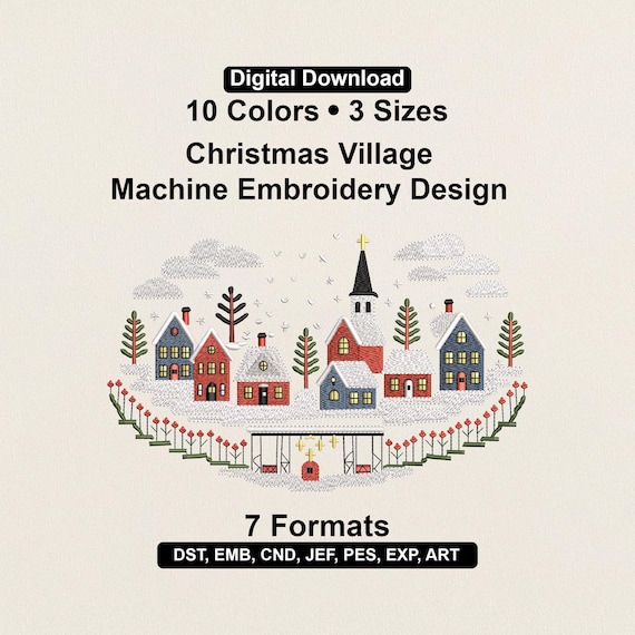 Christmas Village Machine Embroidery Design | Holiday Winter Houses Embroidery Pattern