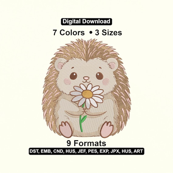 Hedgehog with Daisy Embroidery Design: Animal Machine Emb Pattern (PES DST EXP)