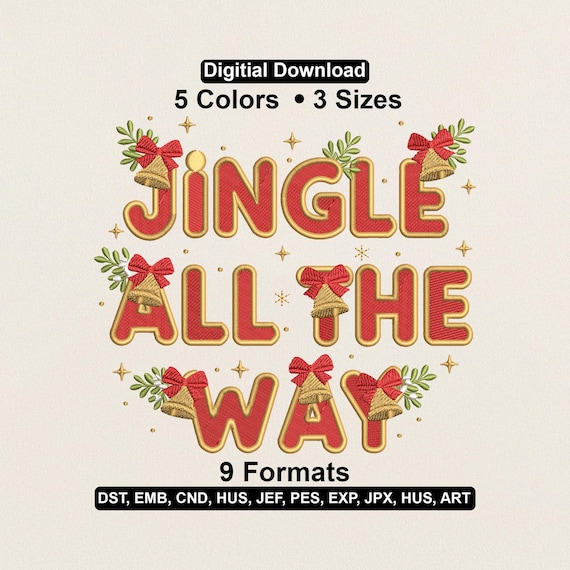 Jingle All the Way Embroidery Design: Christmas Bells and Holly Machine Embroidery File
