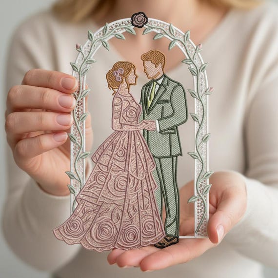 Wedding Arch FSL Embroidery Design – Bride and Groom Lace Ornament (PES DST)