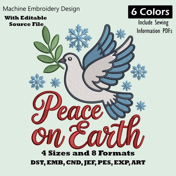 Christmas Dove Bird Peace on Earth Embroidery Design: Holiday Machine Embroidery File PES DST