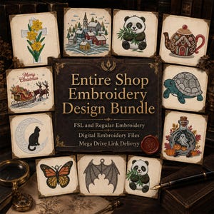May include: An image showcasing an embroidery design bundle with various motifs, including a panda, a turtle, a cat on a crescent moon, and a butterfly. The text "Entire Shop Embroidery Design Bundle" is prominently displayed.