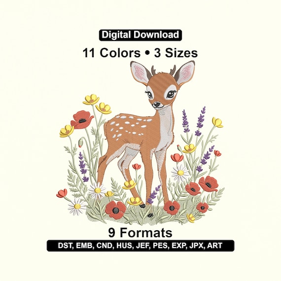 Christmas Baby Deer in Flowers Embroidery Design – Holiday Machine File (DST, EXP, PES)
