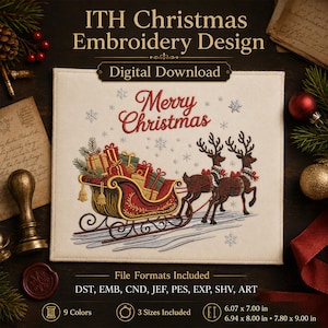 Christmas Reindeer Sleigh Machine Embroidery Design | Holiday Digital Download