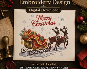 Weihnachts-Rentierschlitten-Stickmuster | Digitaler Download für die Feiertage