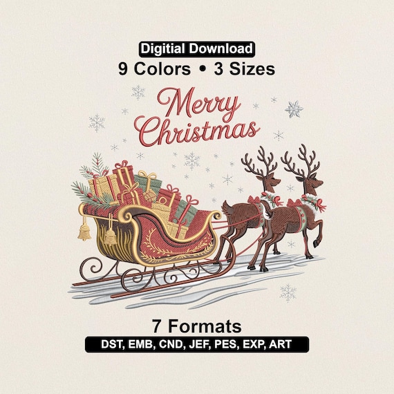 Christmas Reindeer Sleigh Machine Embroidery Design | Holiday Digital Download