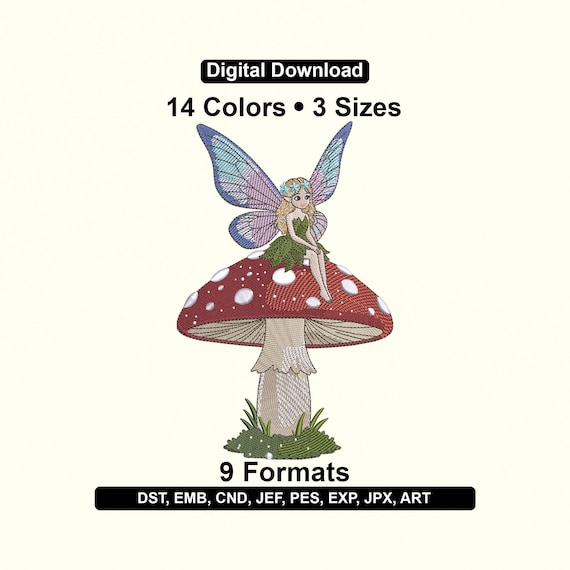 Fairy on Mushroom Cap Embroidery Design – Fantasy Machine File (DST, EXP, PES)