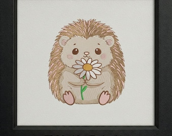 Hedgehog with Daisy Embroidery Design: Animal Machine Emb Pattern (PES DST EXP)