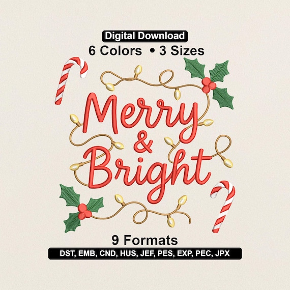 Merry and Bright Ornament Embroidery Design | Christmas Bauble Machine Embroidery | Holiday Quote Stitch File