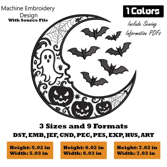 Halloween Crescent Moon Embroidery Design | Machine Embroidery Pattern for Fall & Holiday Projects