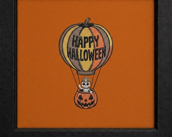 Halloween Skeleton in Pumpkin Balloon Embroidery Design: Spooky Machine Embroidery File (PES DST EXP)