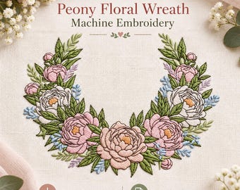 Peony Floral Wreath Machine Embroidery Design, Pink Botanical Wedding Border Pattern, Digital Embroidery File