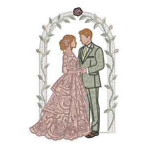 Może przedstawiać: Haftowany wz&oacute;r pary pod kwiatowym łukiem. Kobieta ma na sobie r&oacute;żową suknię z wzorem r&oacute;ż, a mężczyzna zielony garnitur. Łuk jest ozdobiony liśćmi i r&oacute;żami, a na g&oacute;rze znajduje się r&oacute;ża.