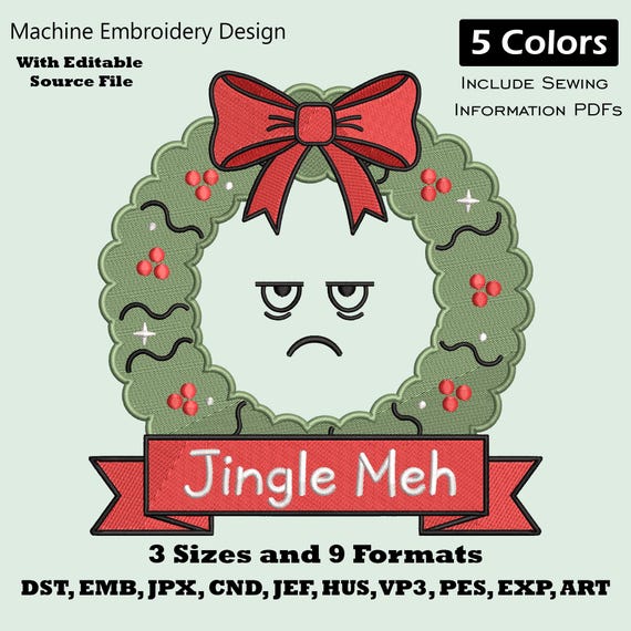 Funny Christmas Wreath Machine Embroidery Design (9 Formats)