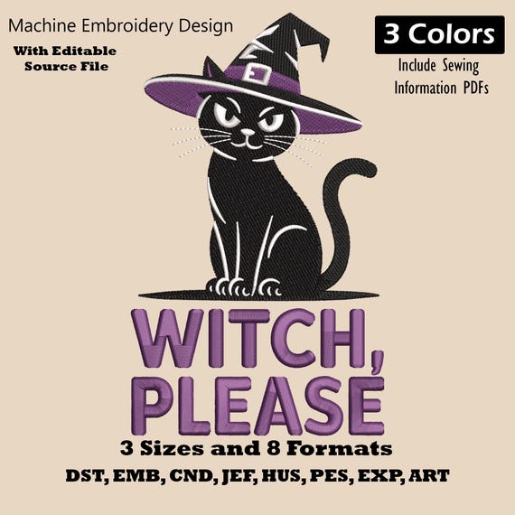 Halloween Black Cat Embroidery Design: Spooky Witch Hat (Machine Embroidery File)