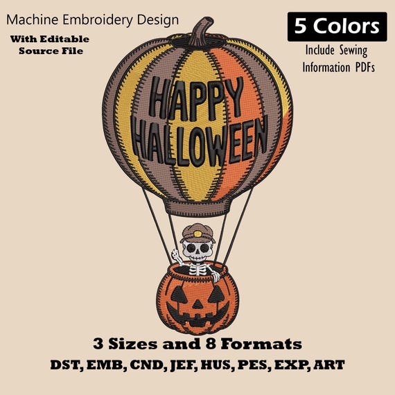 Halloween Skeleton in Pumpkin Balloon Embroidery Design: Spooky Machine Embroidery File (PES DST EXP)