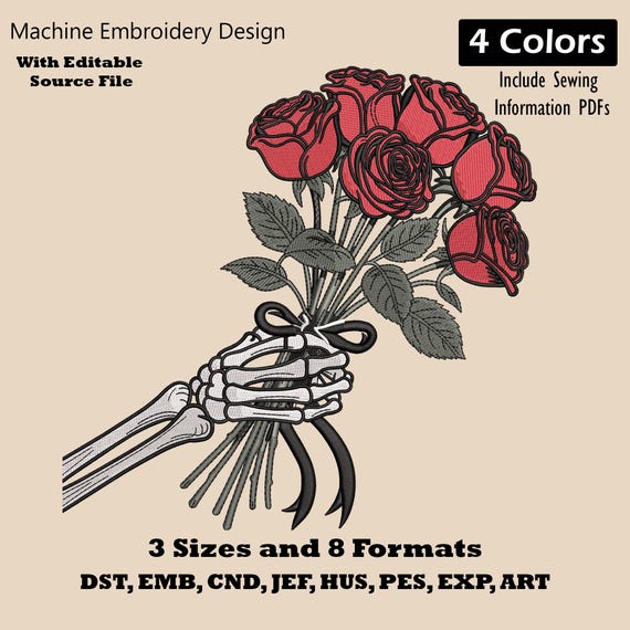 Flowers in Halloween Skeleton Hand Embroidery Design : Spooky Floral Machine Embroidery Pattern