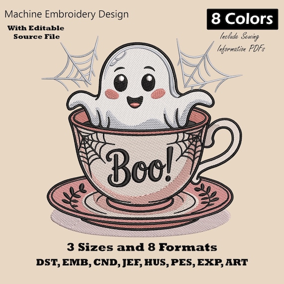 Halloween Ghost in Cup Embroidery Design: Spooky Coffee Mug (Machine Embroidery Pattern)