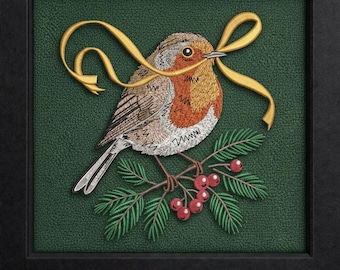 Christmas Sparrow Bird Embroidery Design: Holiday Machine Embroidery Pattern